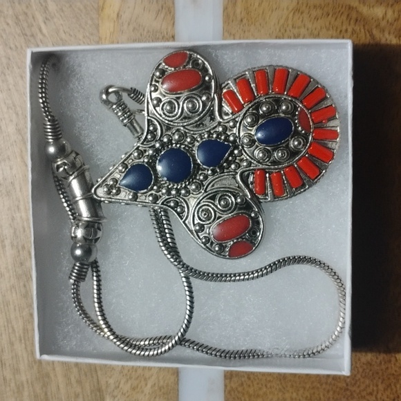 None Jewelry - Silver Pendant Necklace with Blue & Coral Red Accents NEW